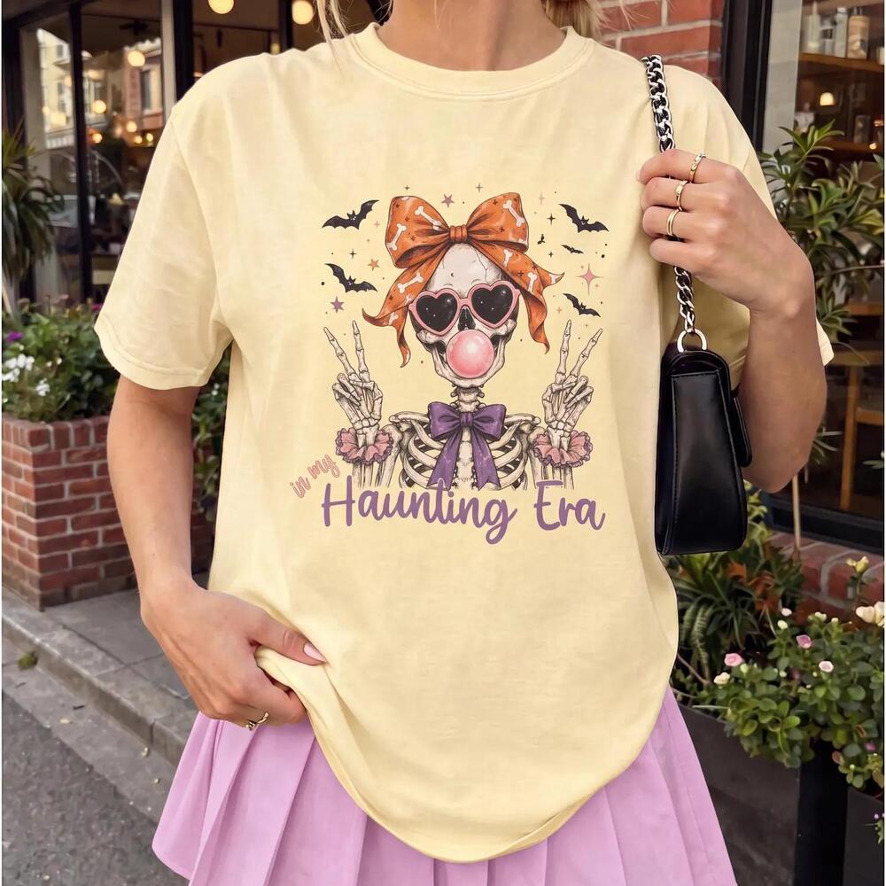 Gothic Womens Skull Halloween Shirt, Coquette Bow Skeleton Halloween Shirt